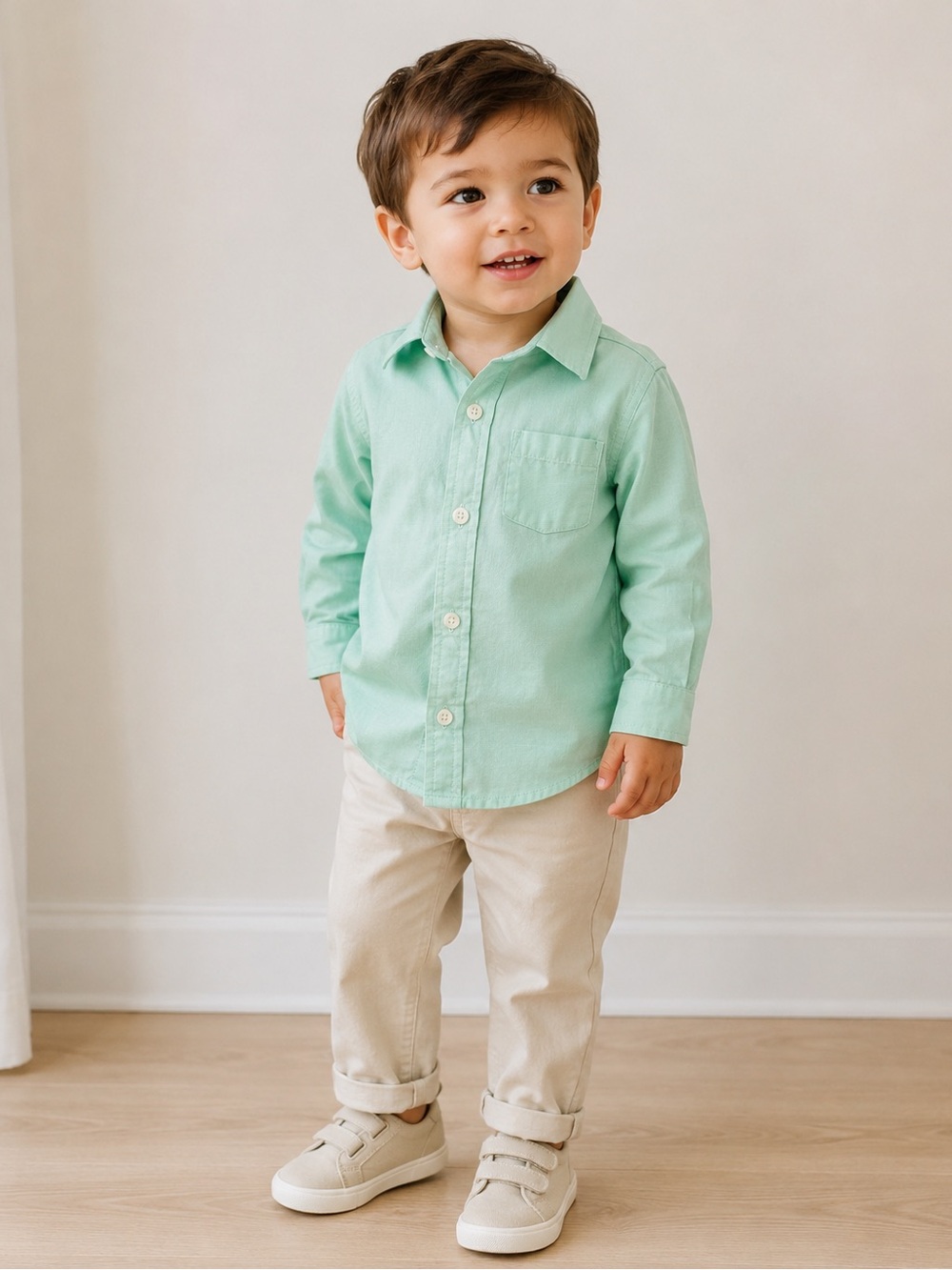 Janie and Jack Boys Mint Green Long Sleeve Button-Up Shirt 18–24M
